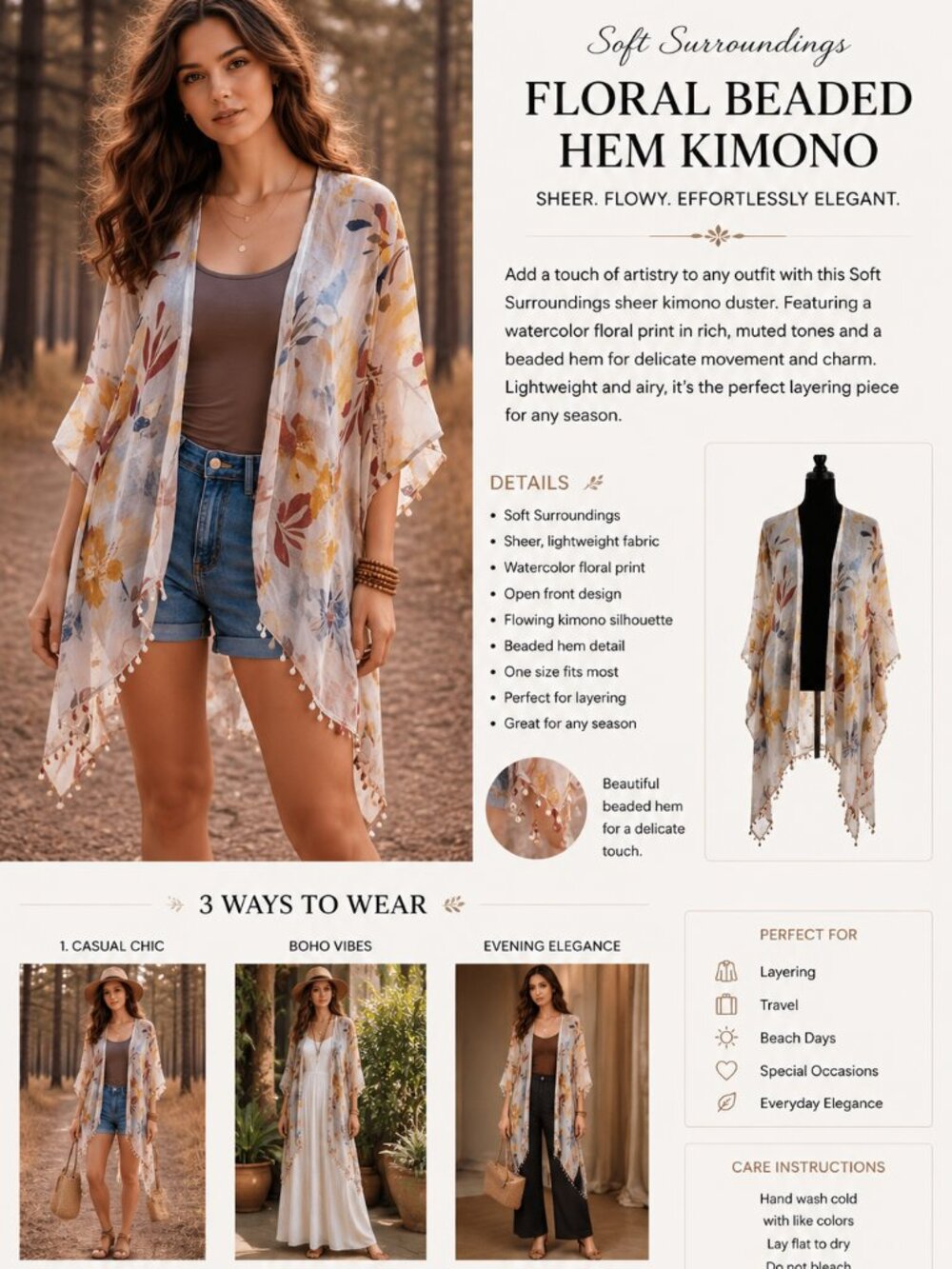 Soft Surroundings Cardigan Duster Sheer Kimono Floral Beaded Hem Boho Style